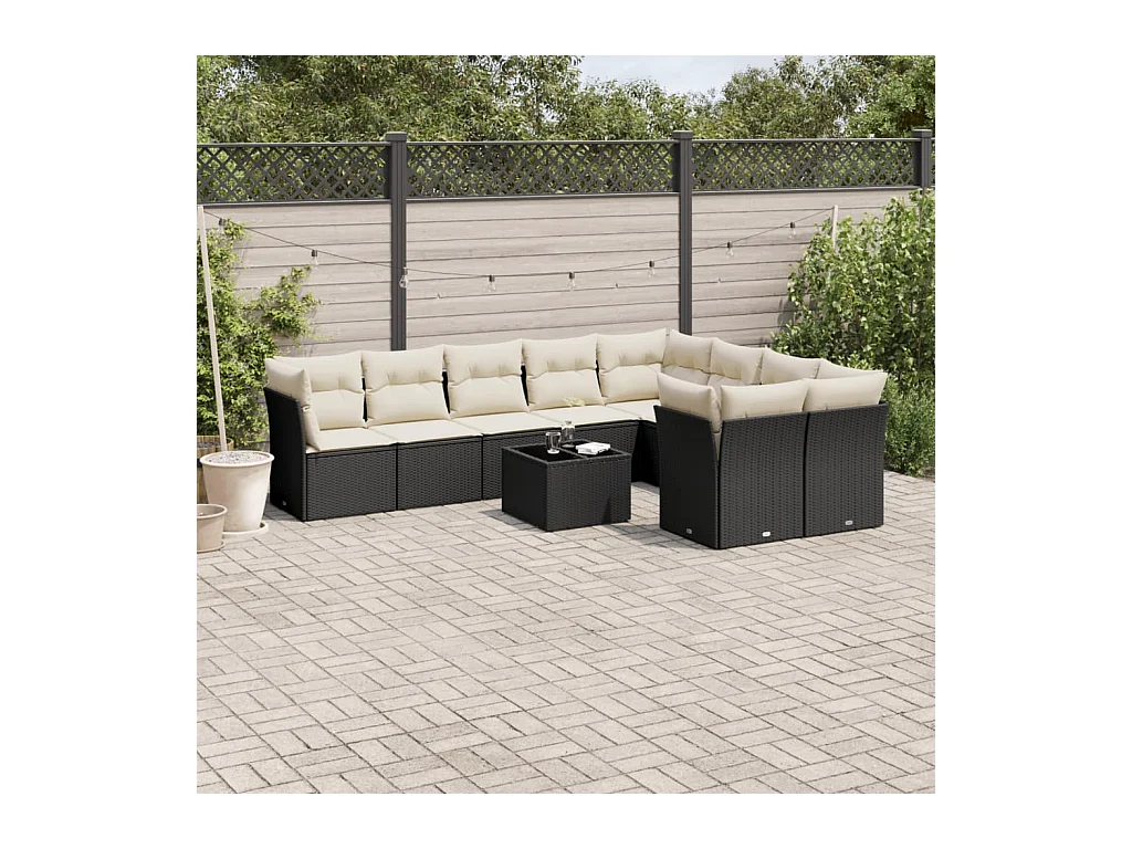 Salon de jardin 10 pcs avec coussins noir résine tressée