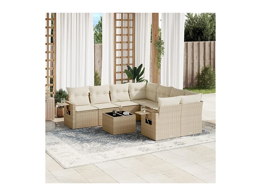 Set Divano da Giardino 9 pz con Cuscini Beige in Polyrattan