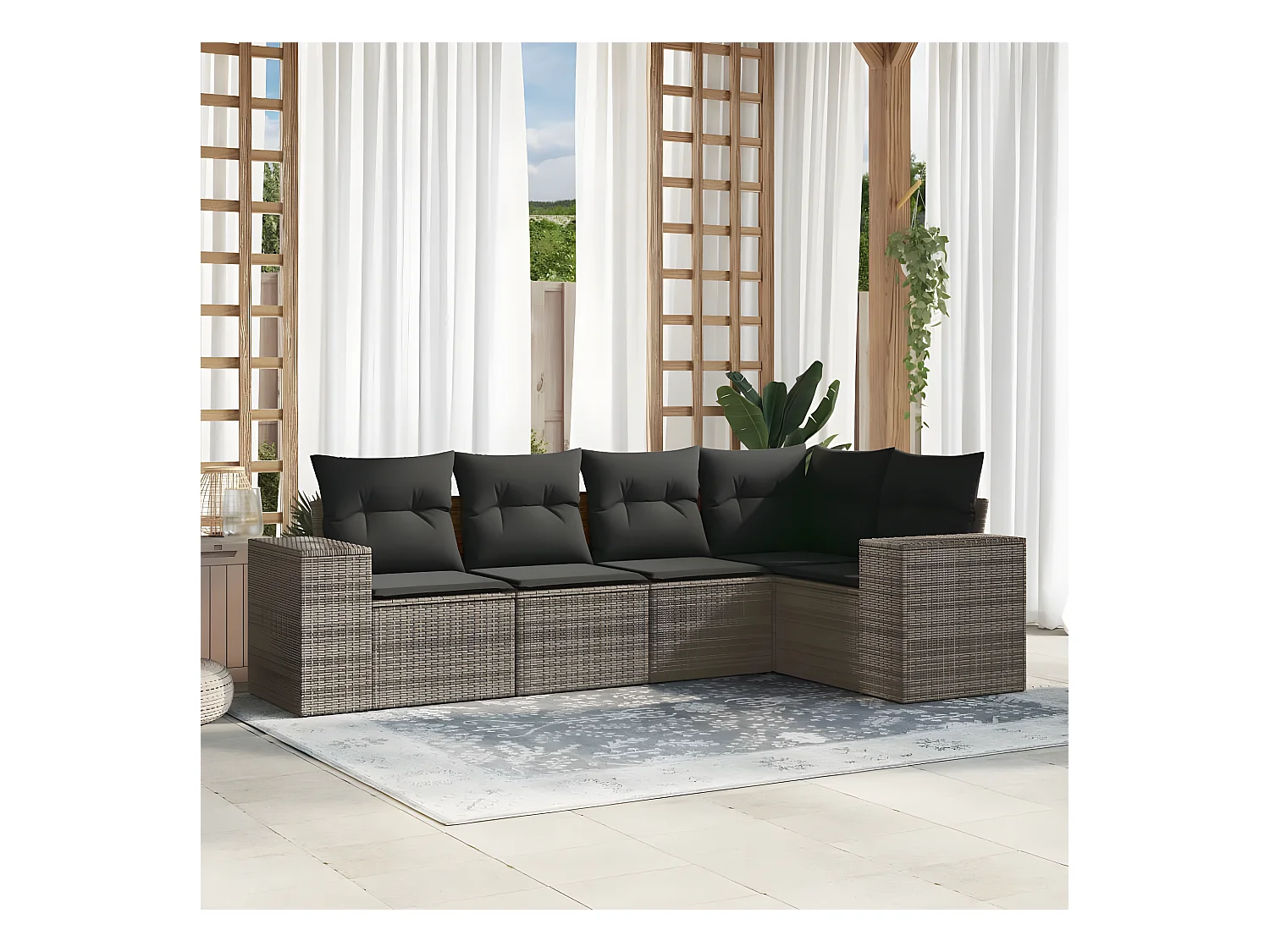 5-delige Loungeset met kussens poly rattan grijs