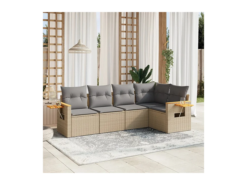 5-tlg. Garten-Sofagarnitur mit Kissen Beige Poly Rattan