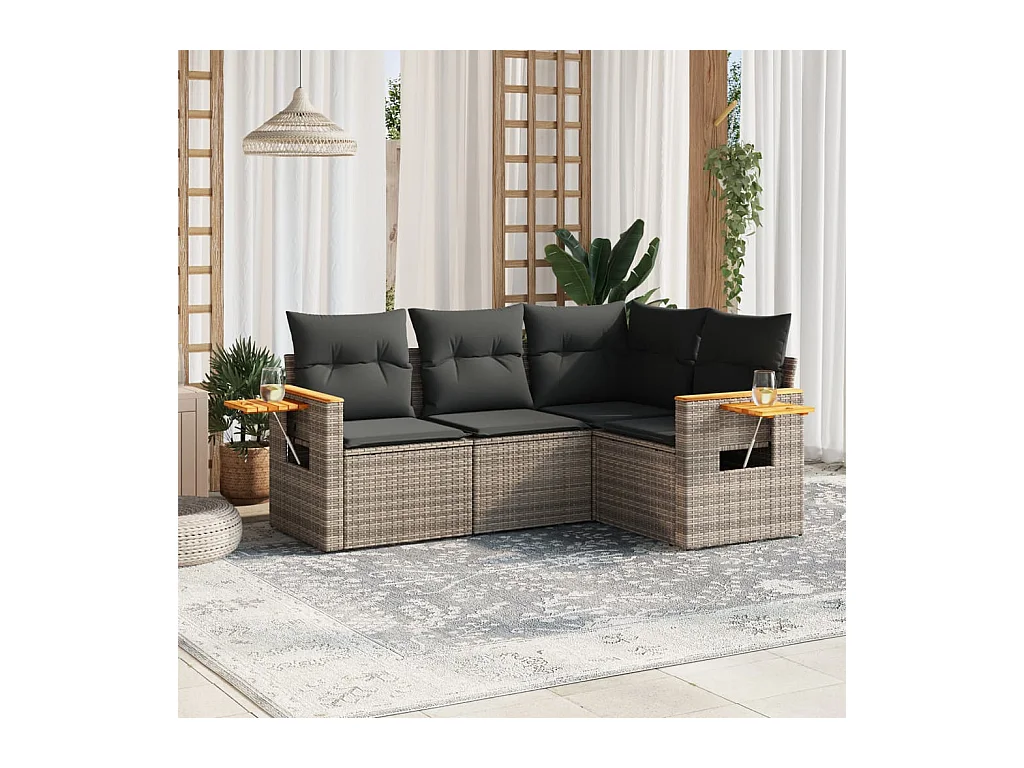 4-delige Loungeset met kussens poly rattan grijs
