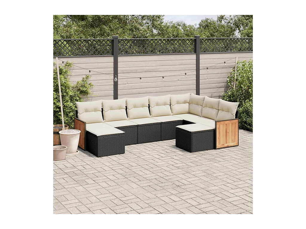 Salon de jardin 9 pcs avec coussins noir résine tressée