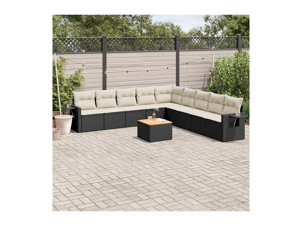 Salon de jardin 10 pcs avec coussins noir résine tressée