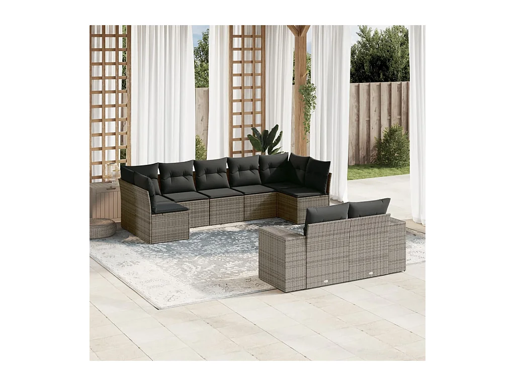 9-delige Loungeset met kussens poly rattan grijs
