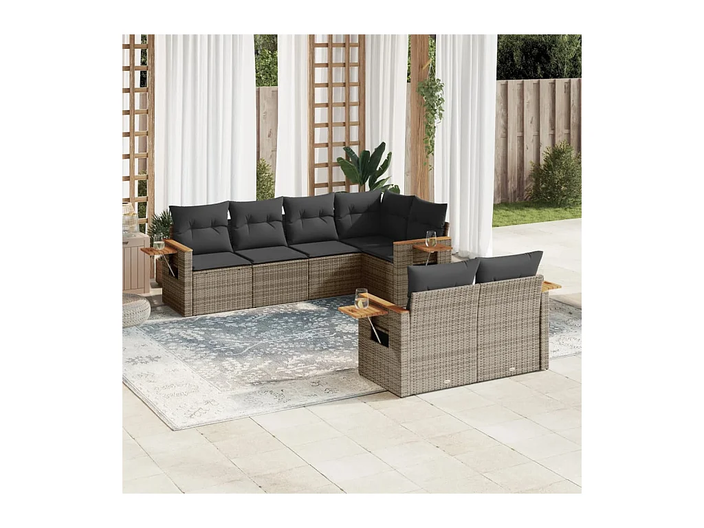 Salon de jardin avec coussins 7 pcs gris résine tressée