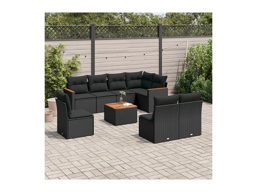 Set Divani da Giardino 9 pz con Cuscini Nero in Polyrattan