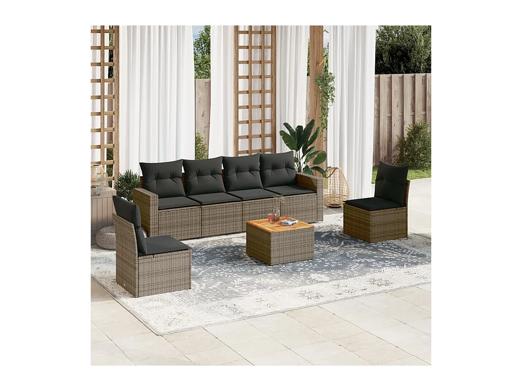 Set Divani da Giardino 7 pz con Cuscini Grigio in Polyrattan