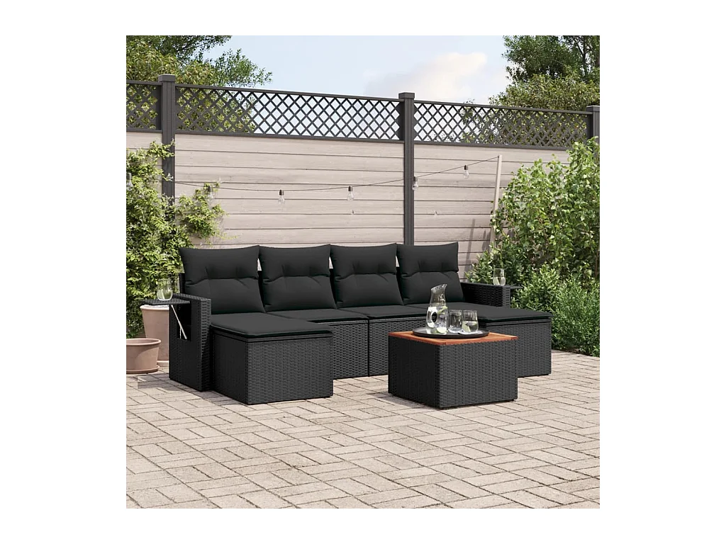 Set Divani da Giardino con Cuscini 7pz Nero Polyrattan