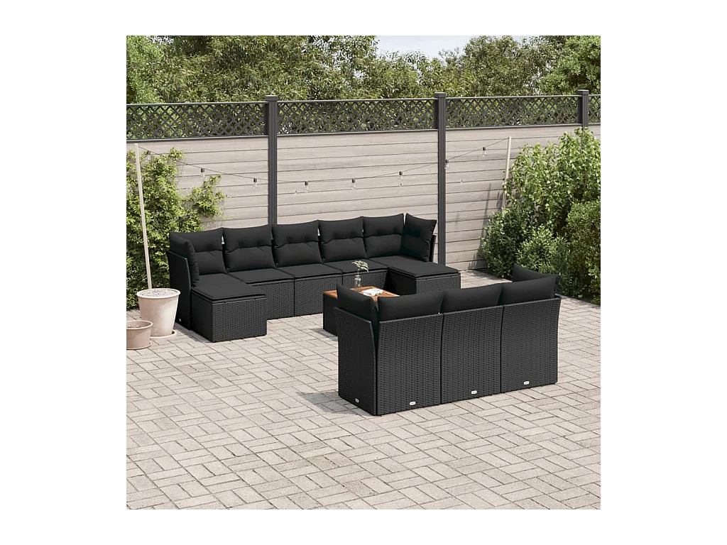 11-delige Loungeset met kussens poly rattan zwart