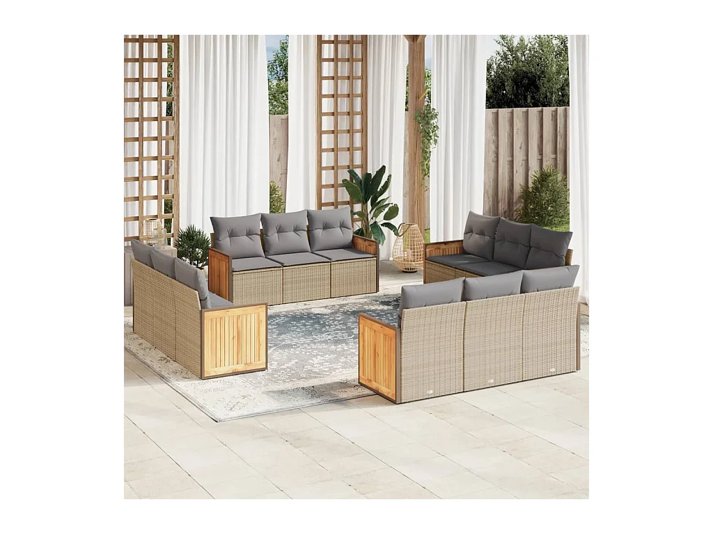 Salon de jardin avec coussins 12 pcs beige résine tressée