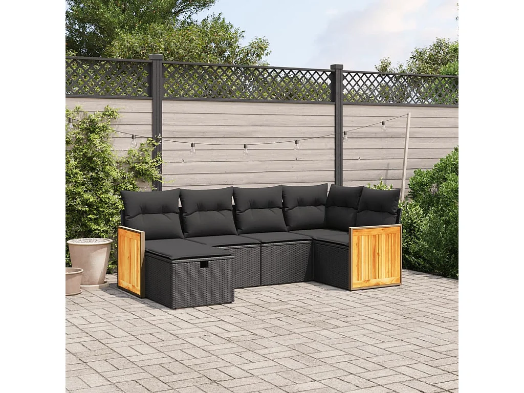 6-delige Loungeset met kussens poly rattan zwart