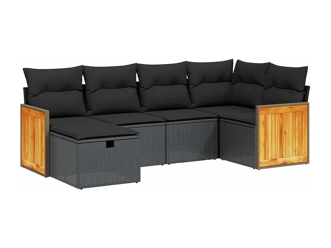 6-delige Loungeset met kussens poly rattan zwart