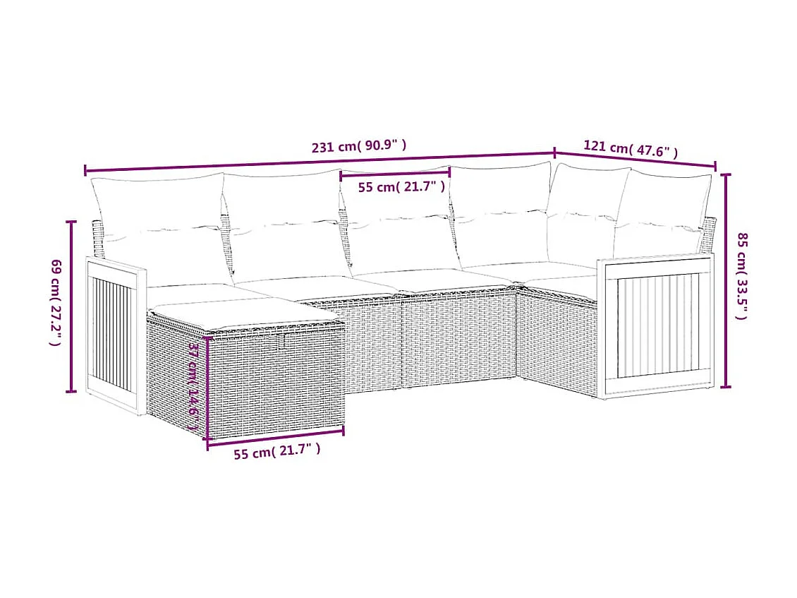 6-delige Loungeset met kussens poly rattan zwart