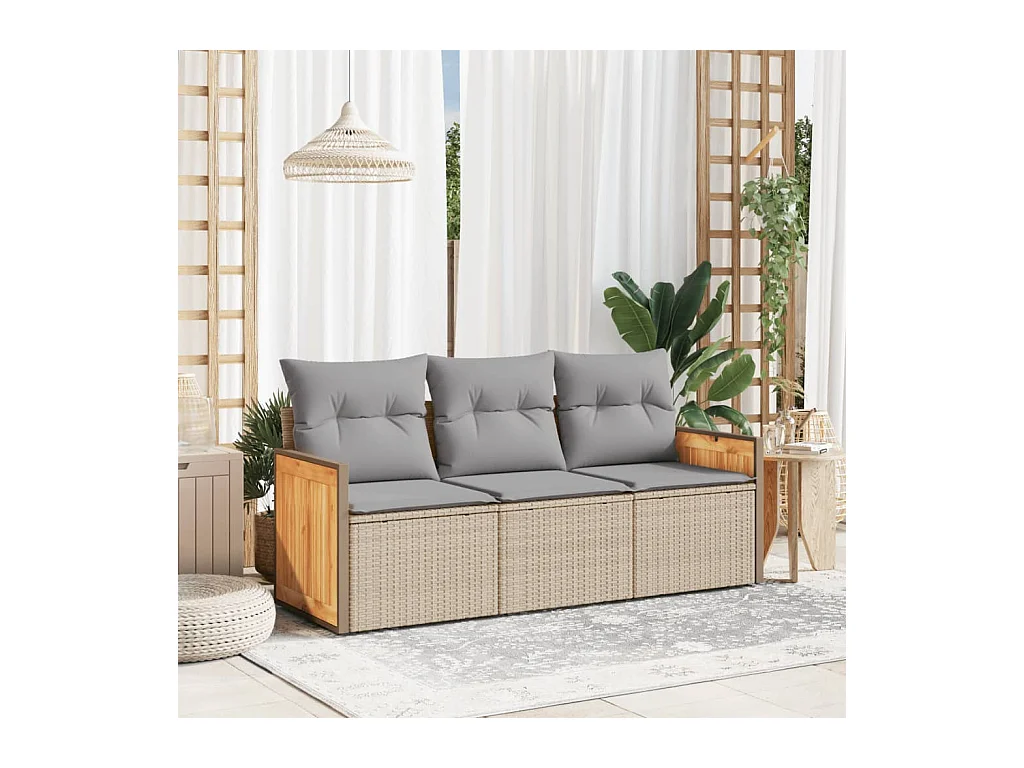 Set Divano da Giardino 3 pz con Cuscini Beige in Polyrattan