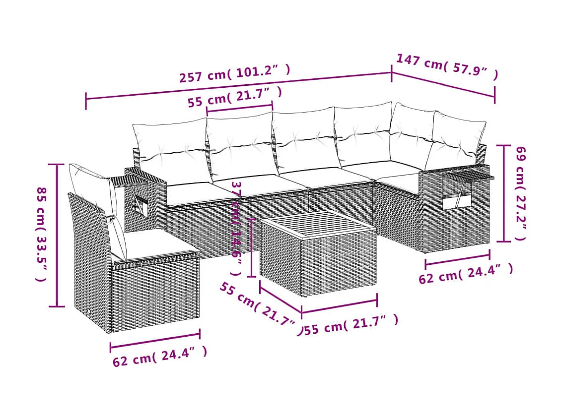7 pcs conj. sofás jardim c/ almofadões vime PE bege misturado