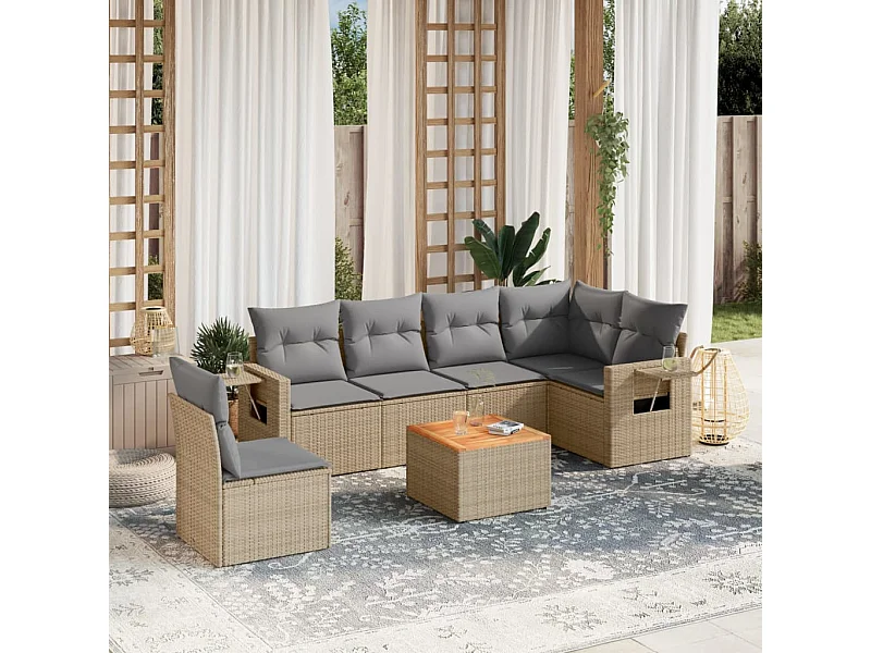 Set Divano da Giardino 7 pz con Cuscini Beige Misto Polyrattan