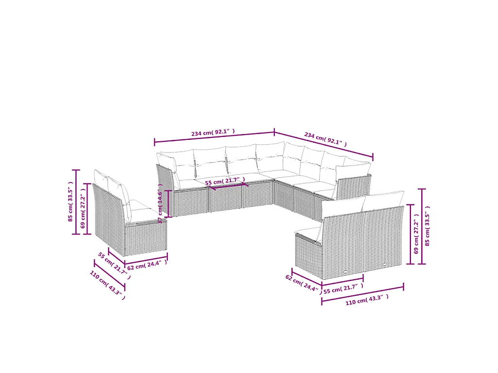 11-delige Loungeset met kussens poly rattan bruin
