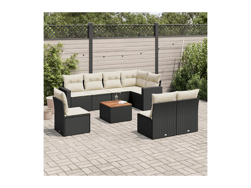 9-delige Loungeset met kussens poly rattan zwart