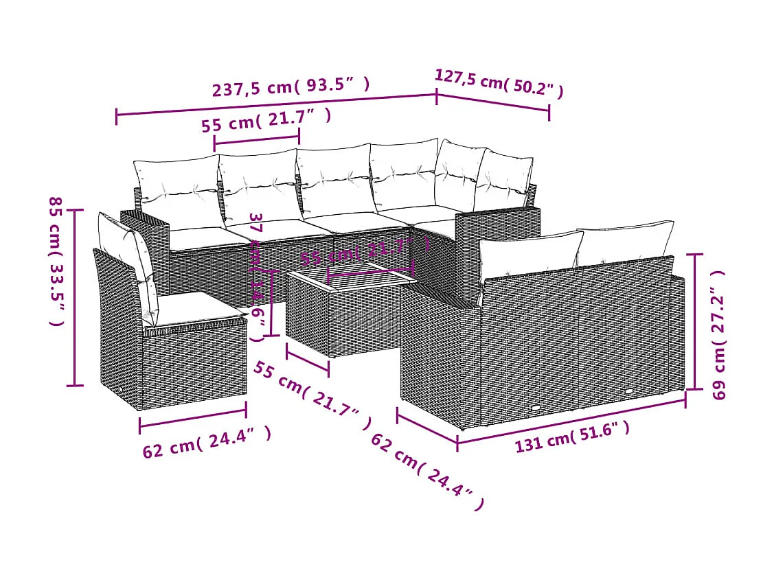 Set Divani da Giardino 9 pz con Cuscini Nero in Polyrattan