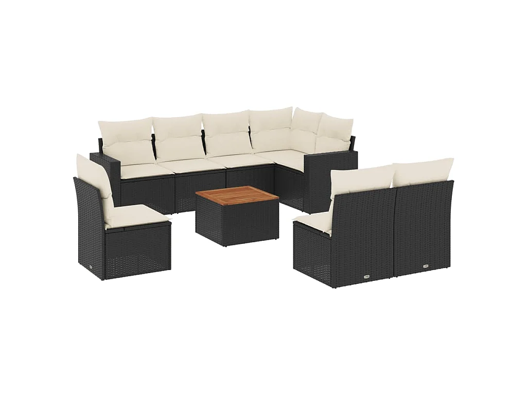 9-tlg. Garten-Sofagarnitur mit Kissen Schwarz Poly Rattan