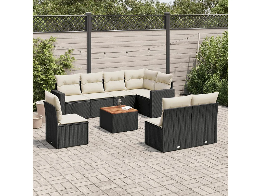 9-tlg. Garten-Sofagarnitur mit Kissen Schwarz Poly Rattan