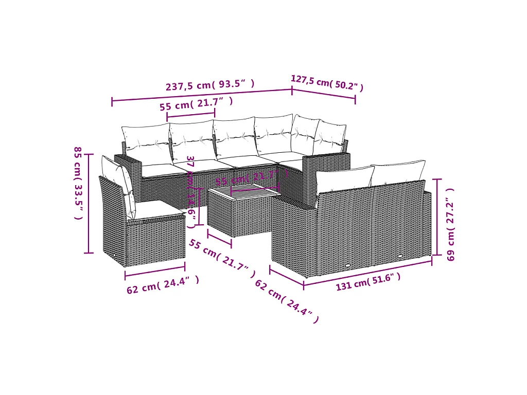 9-tlg. Garten-Sofagarnitur mit Kissen Schwarz Poly Rattan