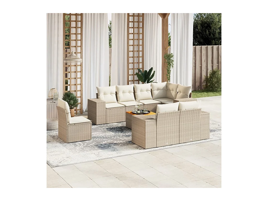 Salon de jardin avec coussins 9 pcs beige résine tressée