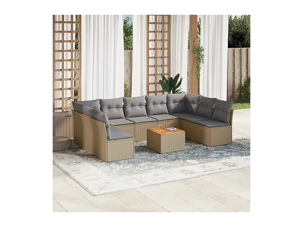Salon de jardin et coussins 10 pcs mélange beige résine tressée