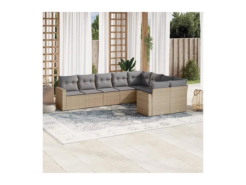 Salon de jardin avec coussins 9 pcs beige résine tressée