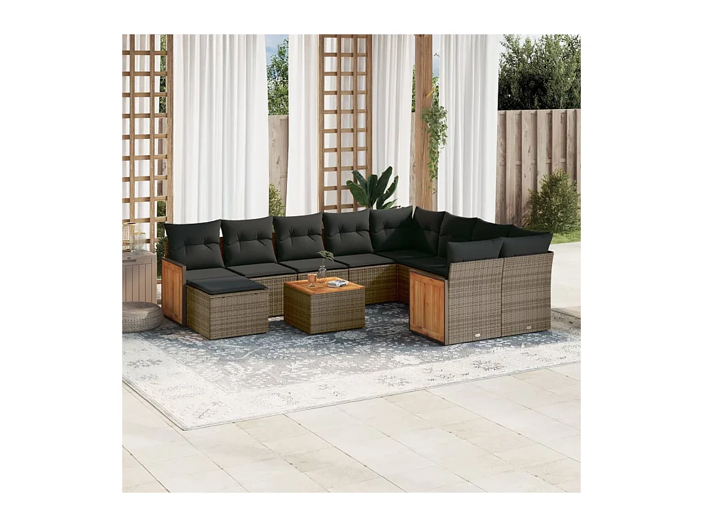 Set Divani da Giardino 11 pz con Cuscini in Polyrattan Grigio