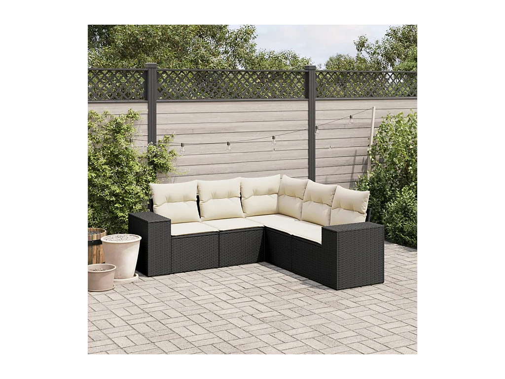 5-delige Loungeset met kussens poly rattan zwart