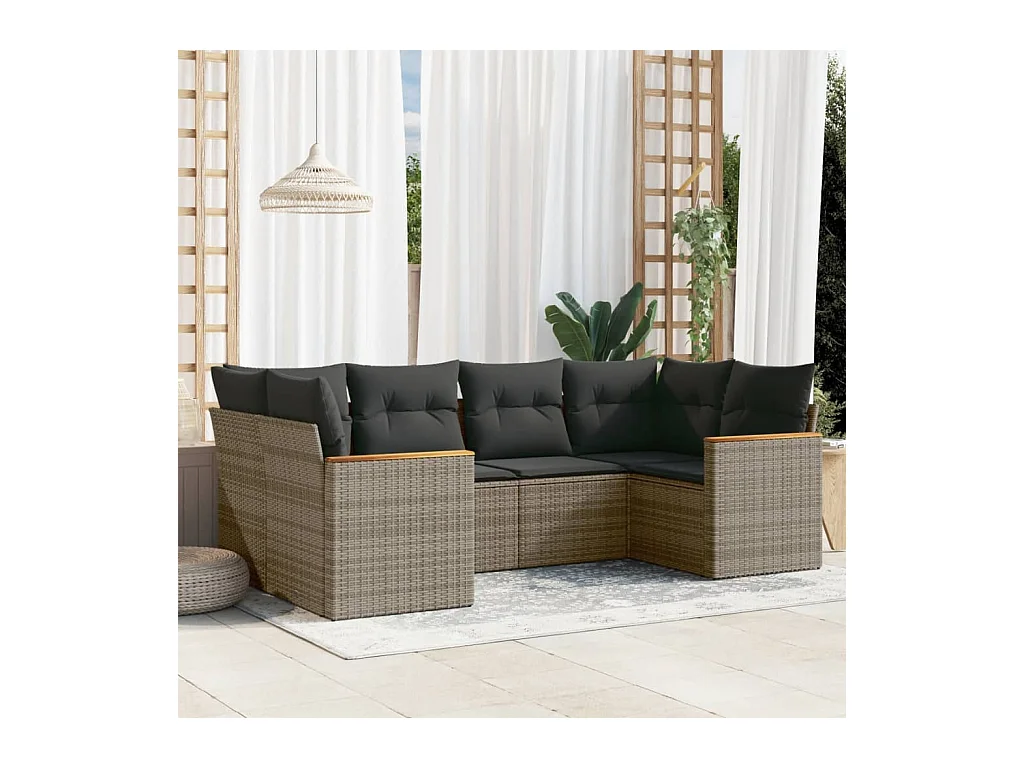 Salon de jardin 6 pcs avec coussins gris résine tressée