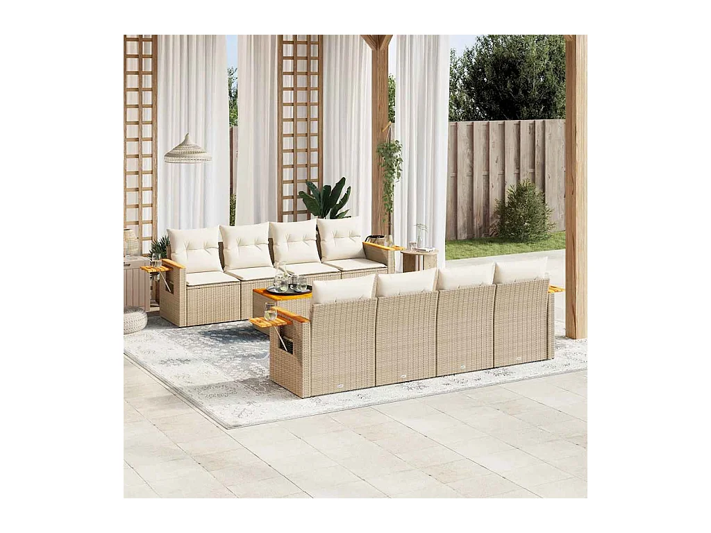 Set Divano da Giardino 9 pz con Cuscini Beige in Polyrattan