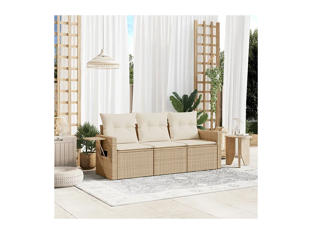 Set Divano da Giardino 3 pz con Cuscini Beige in Polyrattan