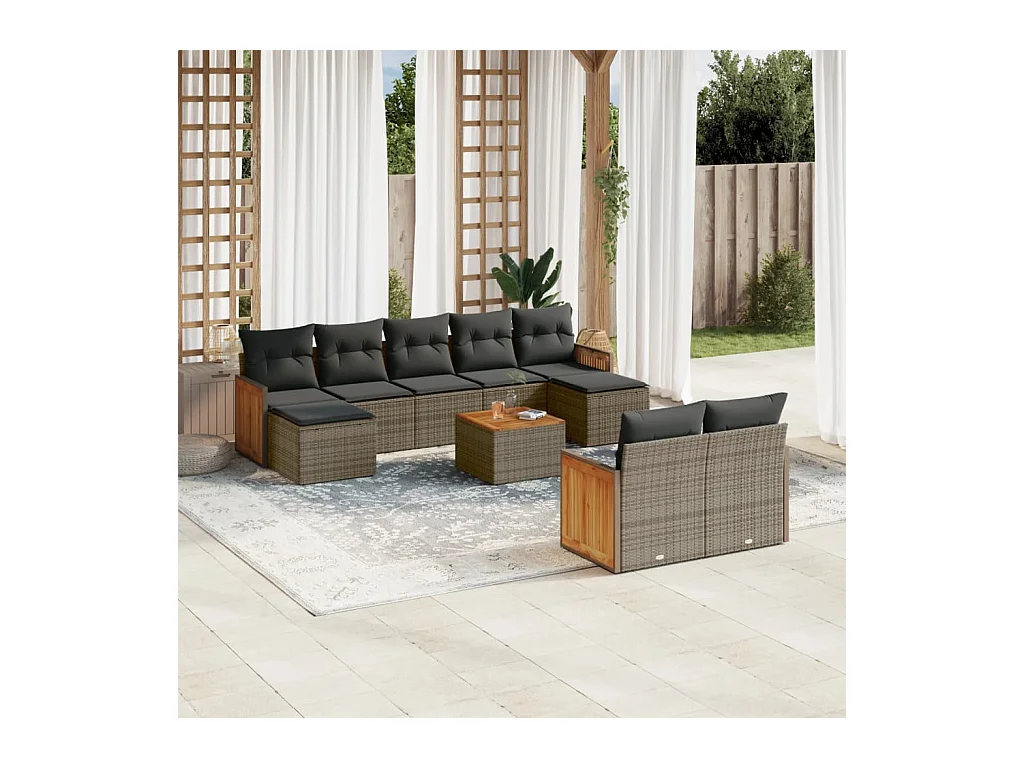 Set Divano da Giardino 10 pz con Cuscini Grigio in Polyrattan