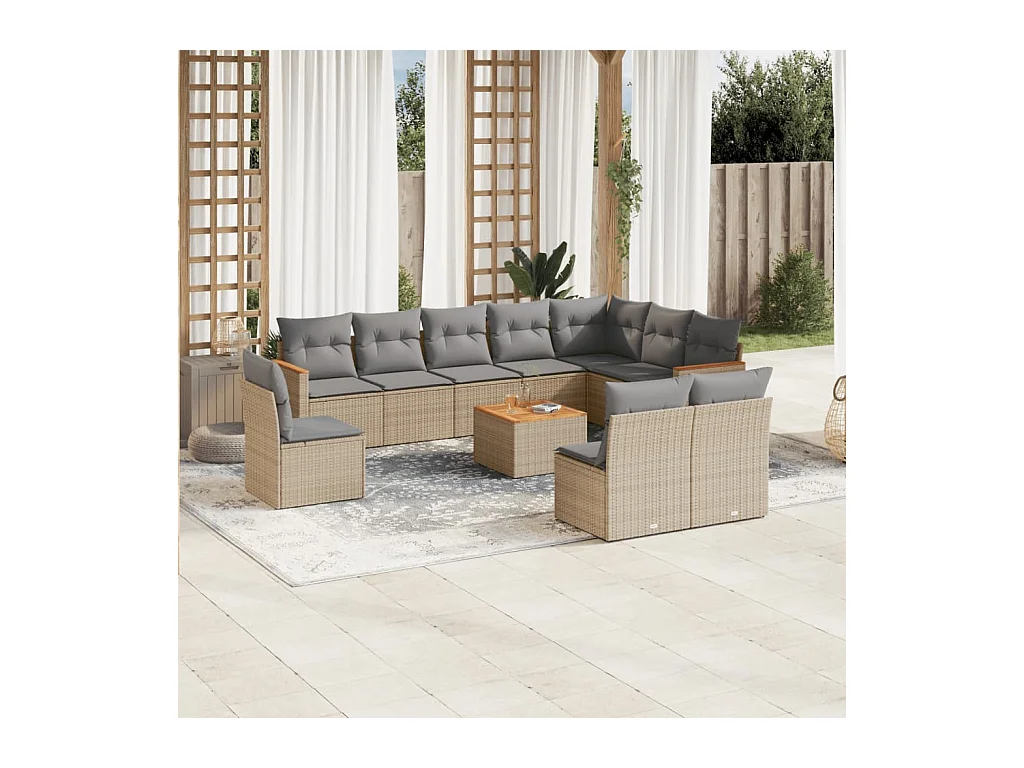 11-tlg. Garten-Sofagarnitur mit Kissen Beige Poly Rattan