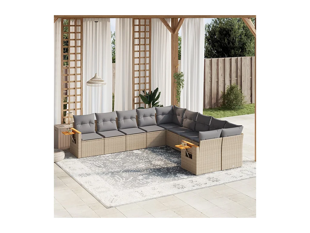 Salon de jardin avec coussins 10 pcs beige résine tressée