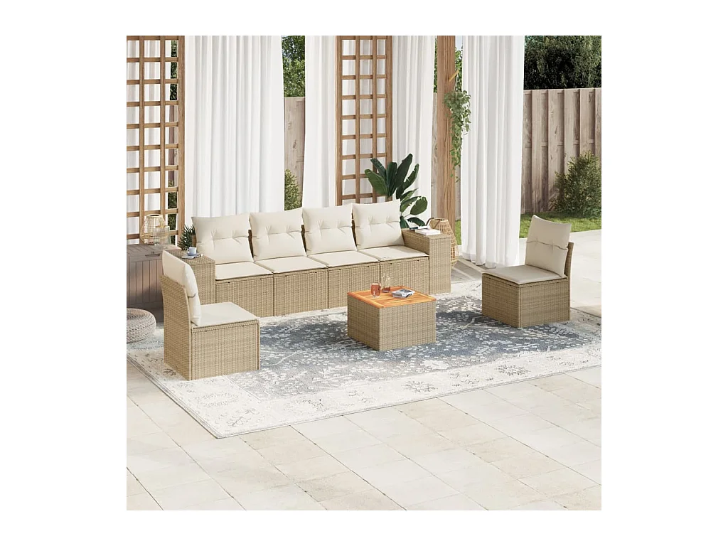Salon de jardin avec coussins 7 pcs beige résine tressée