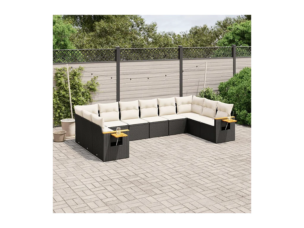 10-delige Loungeset met kussens poly rattan zwart