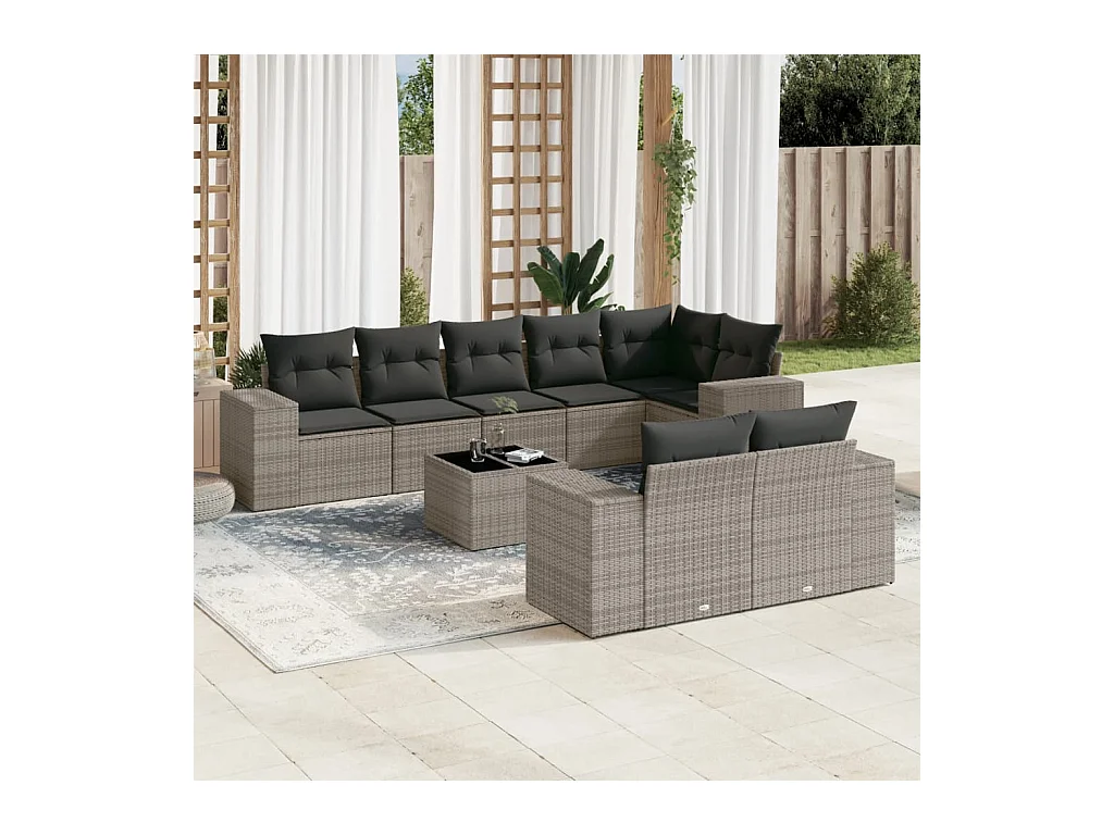9-tlg. Garten-Sofagarnitur mit Kissen Grau Poly Rattan