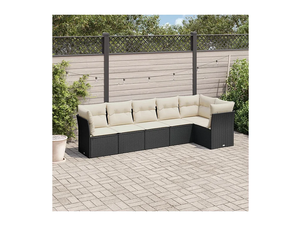 Set de sofás de jardín 6 piezas y cojines ratán sintético negro