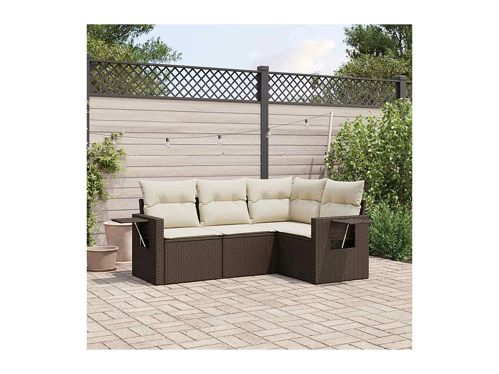 Set Divano da Giardino 4 pz con Cuscini Marrone in Polyrattan