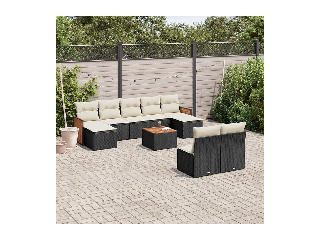 Salon de jardin 10 pcs avec coussins noir résine tressée