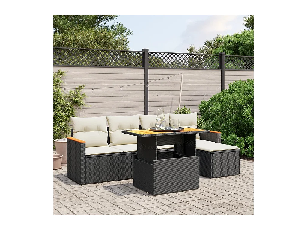 Salon de jardin 6 pcs avec coussins noir résine tressée