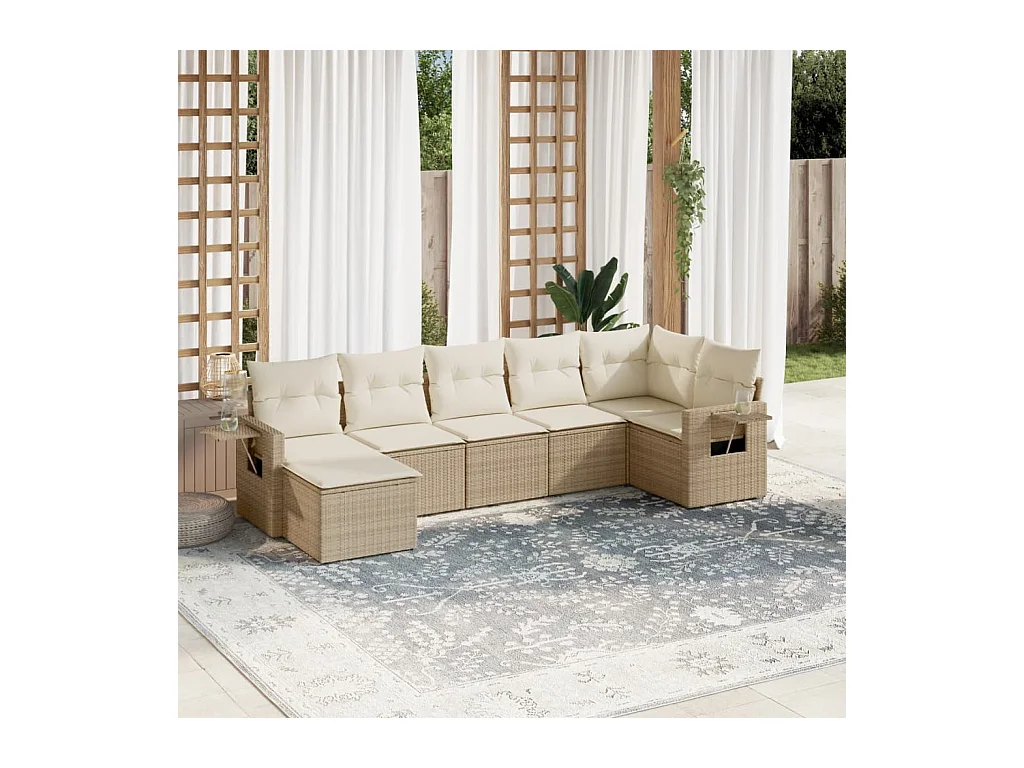 7-tlg. Garten-Sofagarnitur mit Kissen Beige Poly Rattan