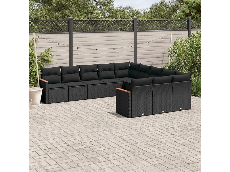 11-tlg. Garten-Sofagarnitur mit Kissen Schwarz Poly Rattan