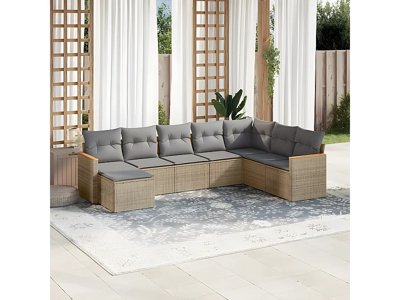 Set Divano da Giardino 8 pz con Cuscini Beige in Polyrattan