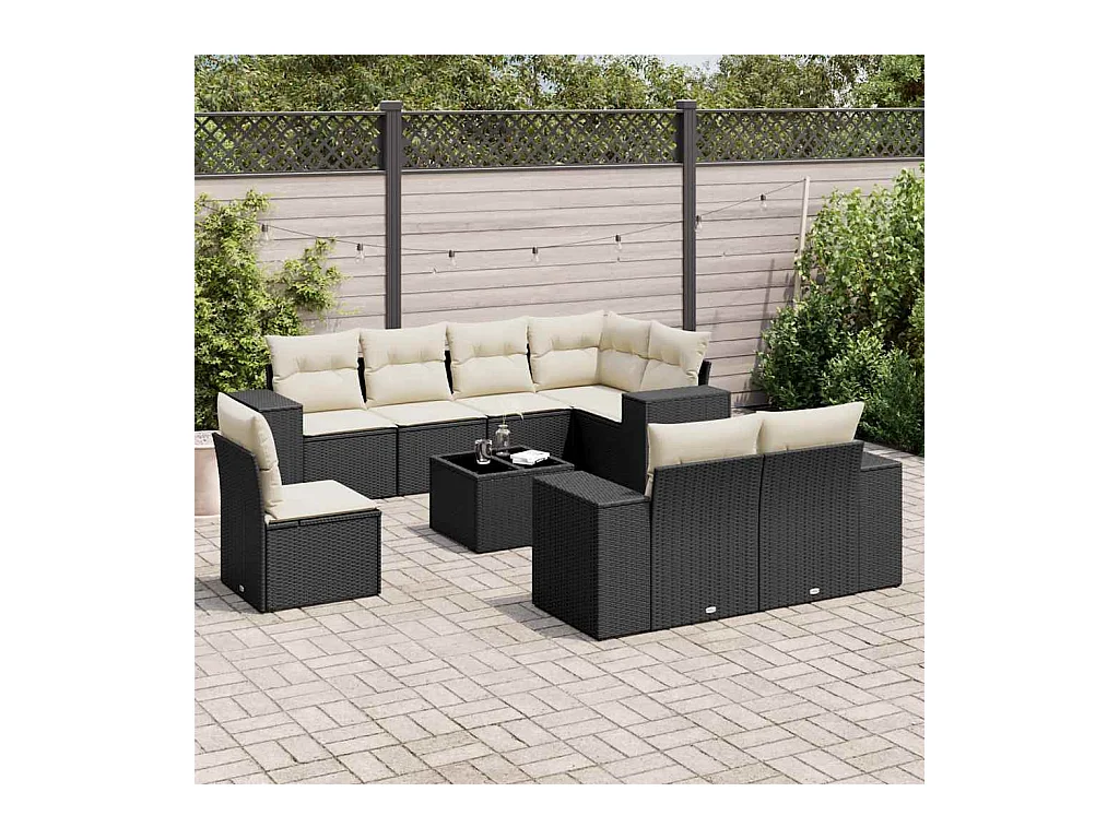 Salon de jardin 9 pcs avec coussins noir résine tressée