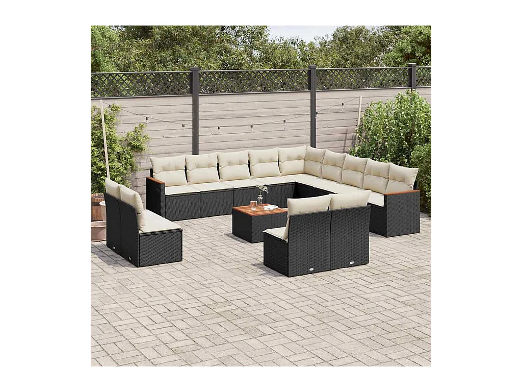 Salon de jardin avec coussins 14 pcs noir résine tressée
