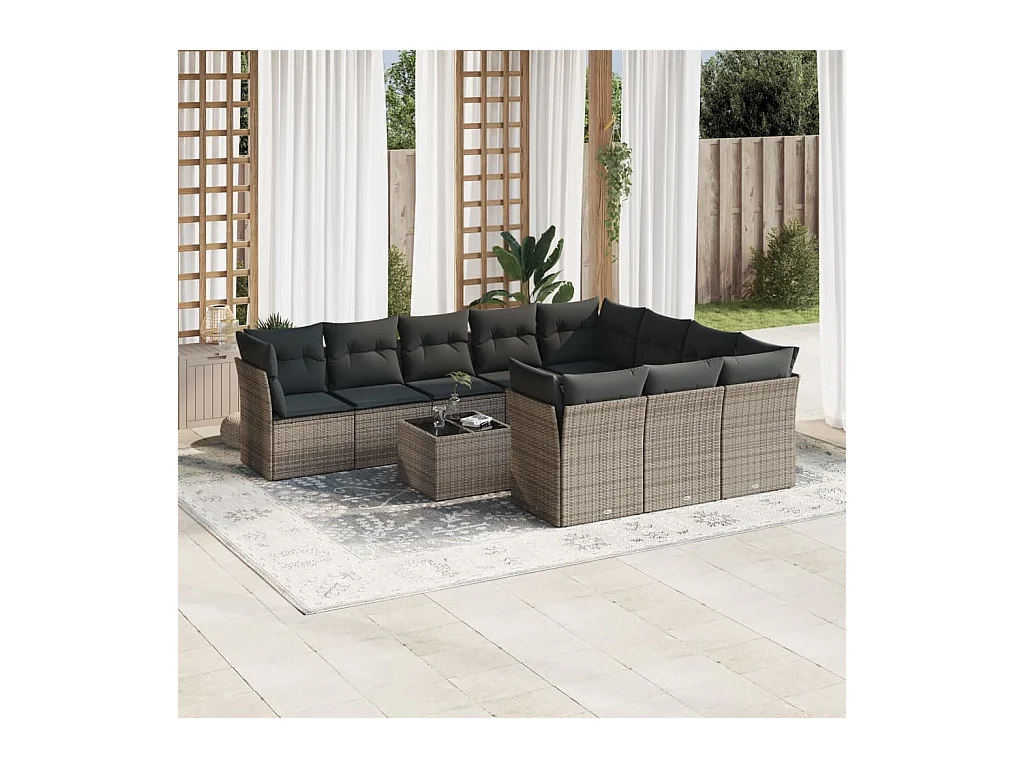 11-tlg. Garten-Sofagarnitur mit Kissen Grau Poly Rattan